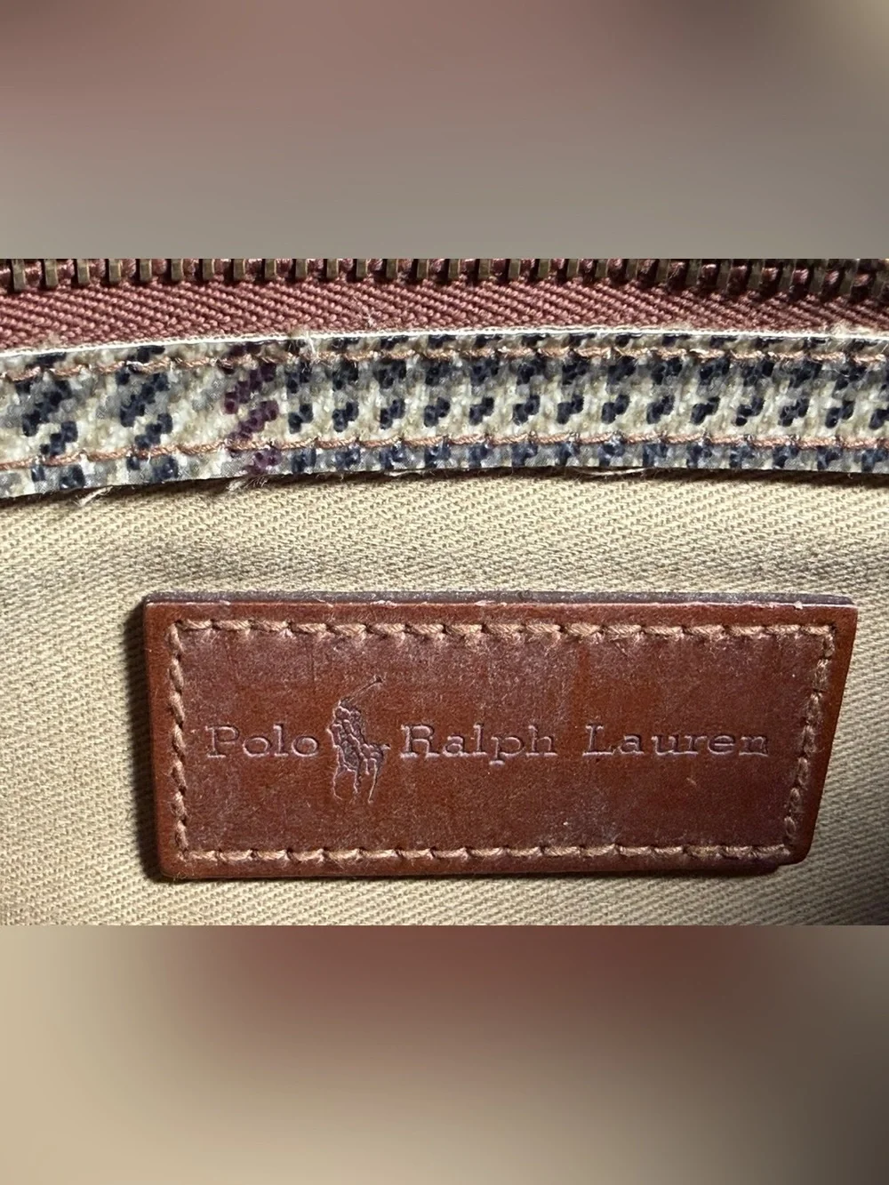 Polo by Ralph Lauren Brown Houndstooth Messenger Bag with Leather Trim